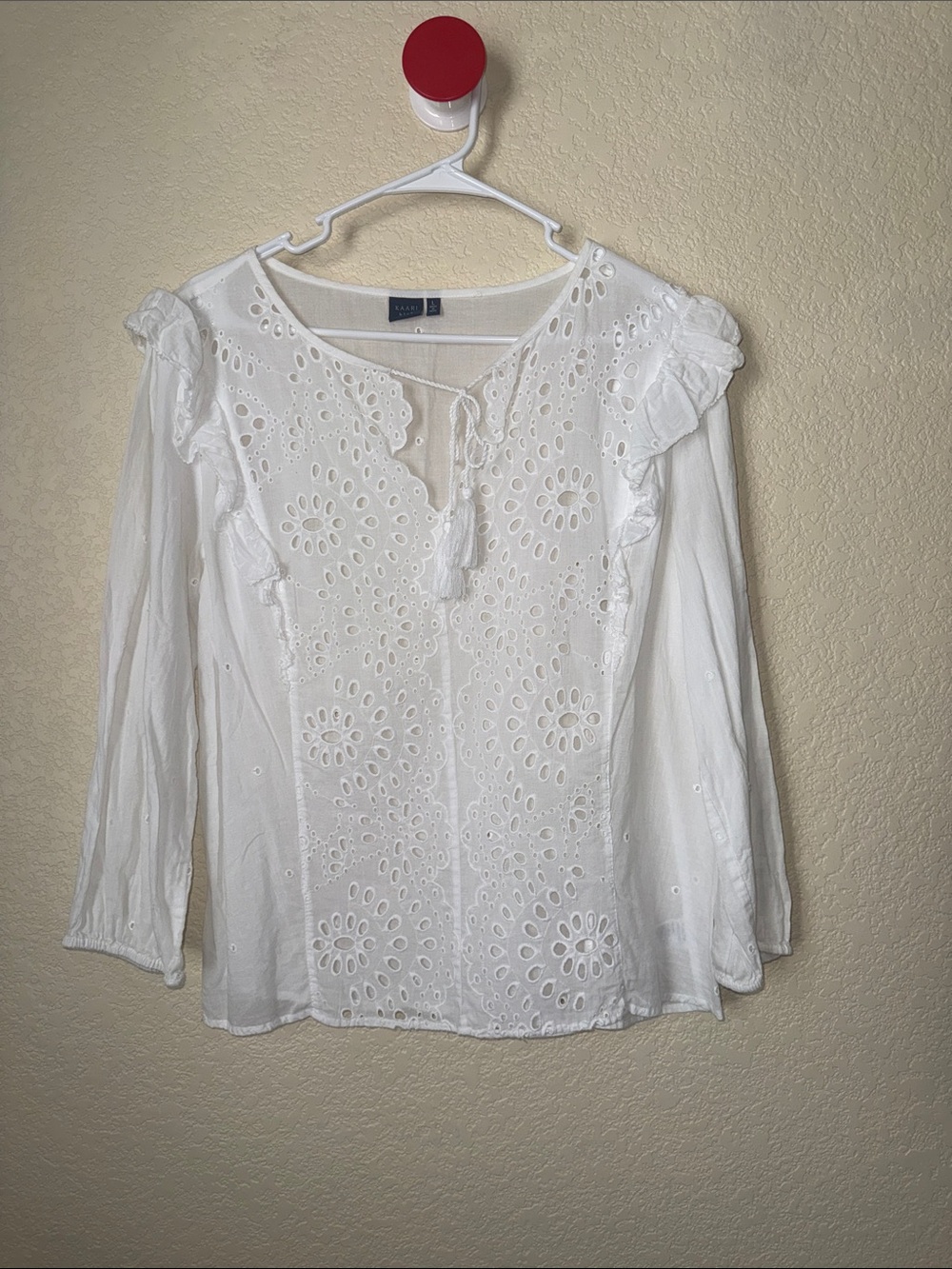 KAARI Blue White Eyelet Ruffle Blouse Size L